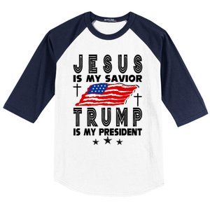 Jesus Is My Savior Trump Is My President 2024 Usa Flag Gift Baseball Sleeve Shirt