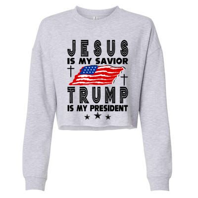 Jesus Is My Savior Trump Is My President 2024 Usa Flag Gift Cropped Pullover Crew