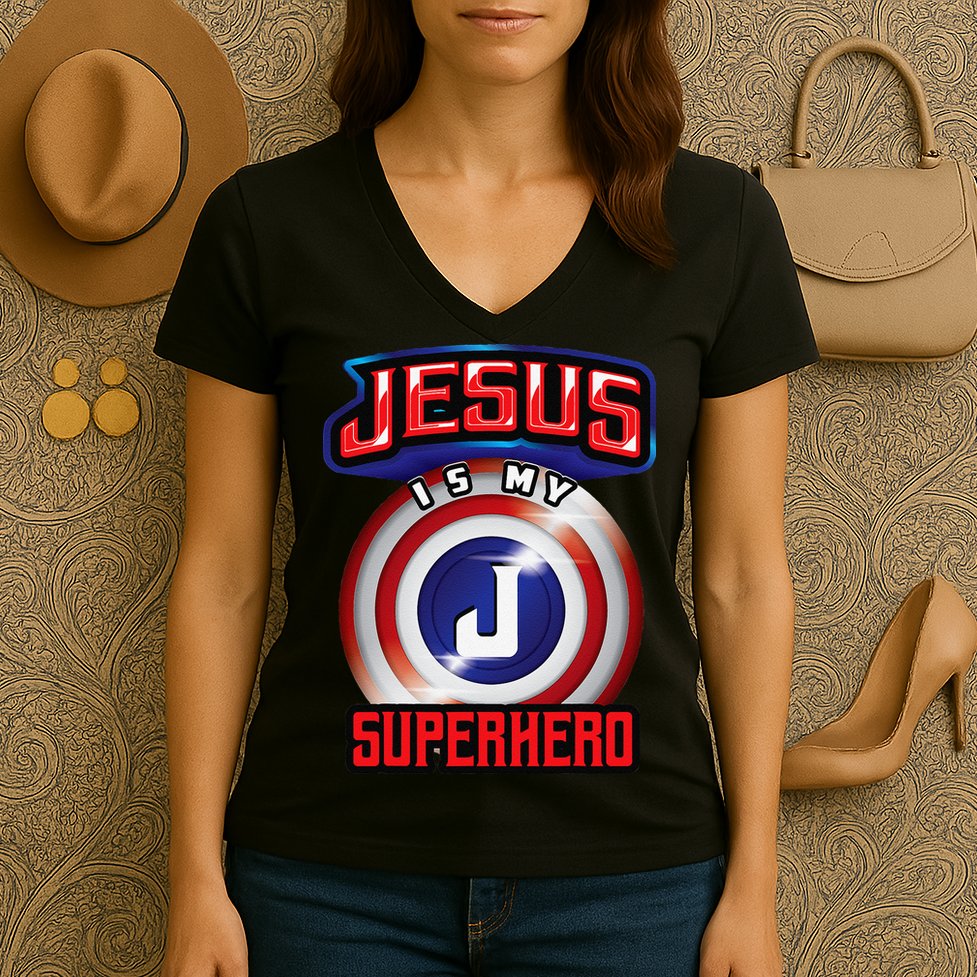 Jesus Is My Superhero Cute Powerful Christian Gift Women's V-Neck T-Shirt