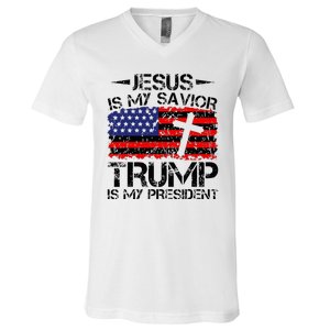 Jesus Is My Savior Trump Is My President Trump 2024 V-Neck T-Shirt