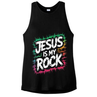 Jesus Is My Rock Biblical Christian Faith Ladies PosiCharge Tri-Blend Wicking Tank