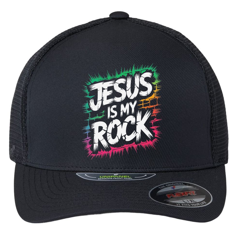 Jesus Is My Rock Biblical Christian Faith Flexfit Unipanel Trucker Cap