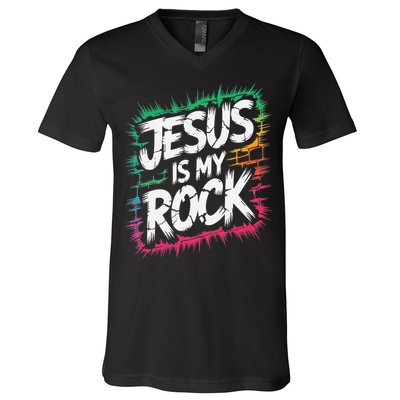 Jesus Is My Rock Biblical Christian Faith V-Neck T-Shirt