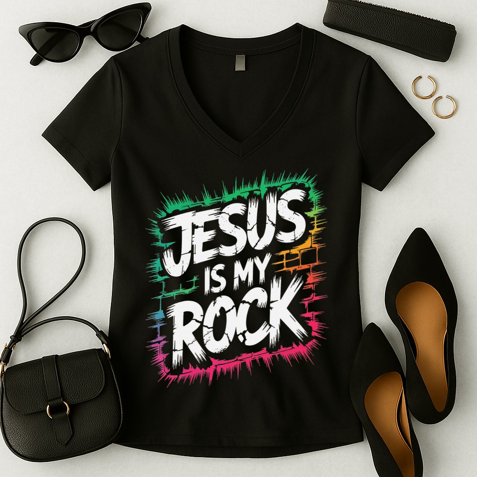 Jesus Is My Rock Biblical Christian Faith Women's V-Neck T-Shirt