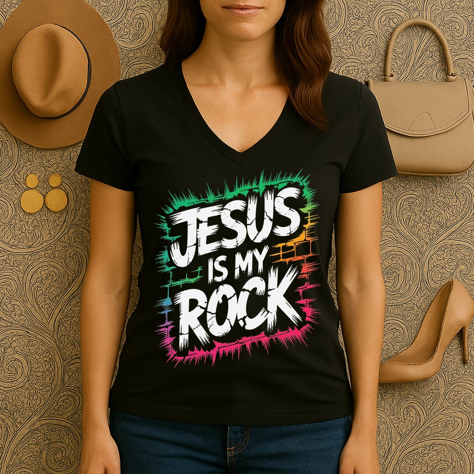 Jesus Is My Rock Biblical Christian Faith Women's V-Neck T-Shirt
