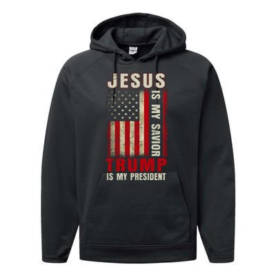 Jesus Is My Savior Trump Is My President USA Flag Performance Fleece Hoodie