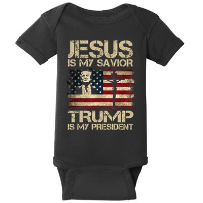 Jesus Is My Savior Trump Is My President Trump 2024 Usa Flag Baby Bodysuit