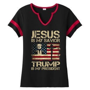 Jesus Is My Savior Trump Is My President Trump 2024 Usa Flag Ladies Halftime Notch Neck Tee