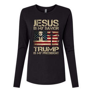 Jesus Is My Savior Trump Is My President Trump 2024 Usa Flag Womens Cotton Relaxed Long Sleeve T-Shirt