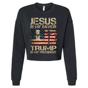 Jesus Is My Savior Trump Is My President Trump 2024 Usa Flag Cropped Pullover Crew