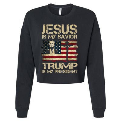 Jesus Is My Savior Trump Is My President Trump 2024 Usa Flag Cropped Pullover Crew