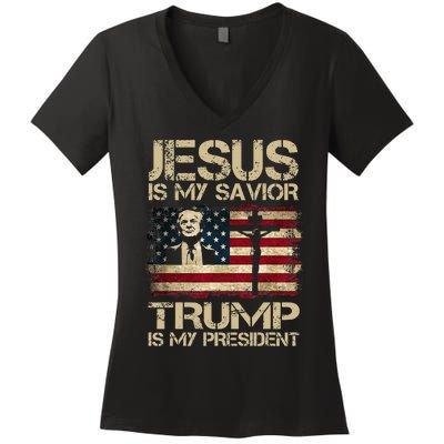 Jesus Is My Savior Trump Is My President Trump 2024 Usa Flag Women's V-Neck T-Shirt