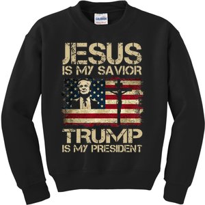 Jesus Is My Savior Trump Is My President Trump 2024 Usa Flag Kids Sweatshirt