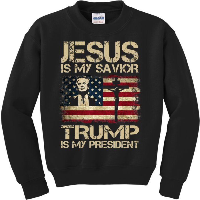 Jesus Is My Savior Trump Is My President Trump 2024 Usa Flag Kids Sweatshirt