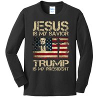 Jesus Is My Savior Trump Is My President Trump 2024 Usa Flag Kids Long Sleeve Shirt