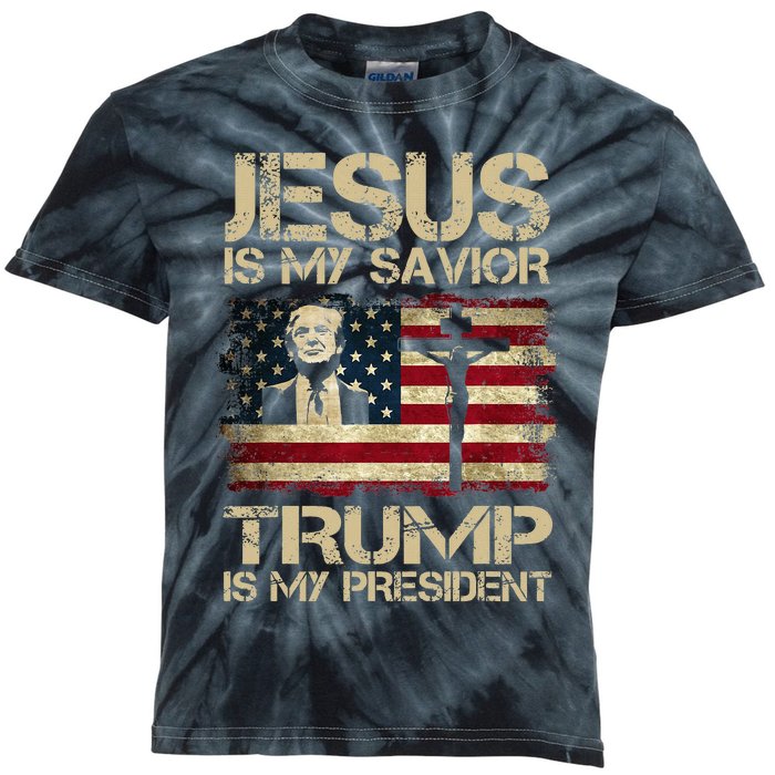 Jesus Is My Savior Trump Is My President Trump 2024 Usa Flag Kids Tie-Dye T-Shirt