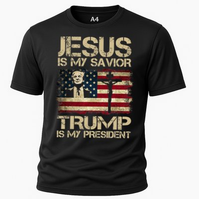 Jesus Is My Savior Trump Is My President Trump 2024 Usa Flag Cooling Performance Crew T-Shirt