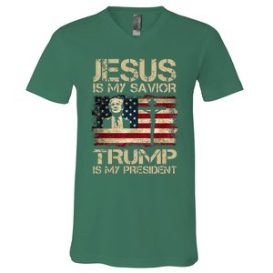 Jesus Is My Savior Trump Is My President Trump 2024 Usa Flag V-Neck T-Shirt