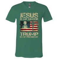 Jesus Is My Savior Trump Is My President Trump 2024 Usa Flag V-Neck T-Shirt