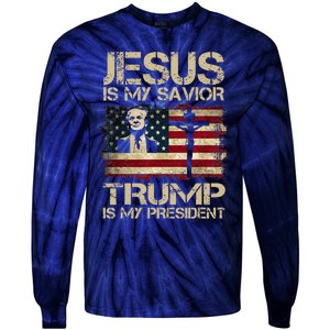 Jesus Is My Savior Trump Is My President Trump 2024 Usa Flag Tie-Dye Long Sleeve Shirt