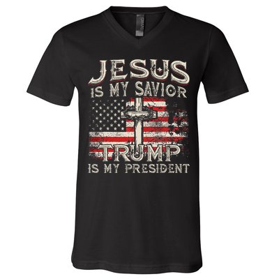 Jesus Is My Savior Trump Is My President American Flag V-Neck T-Shirt