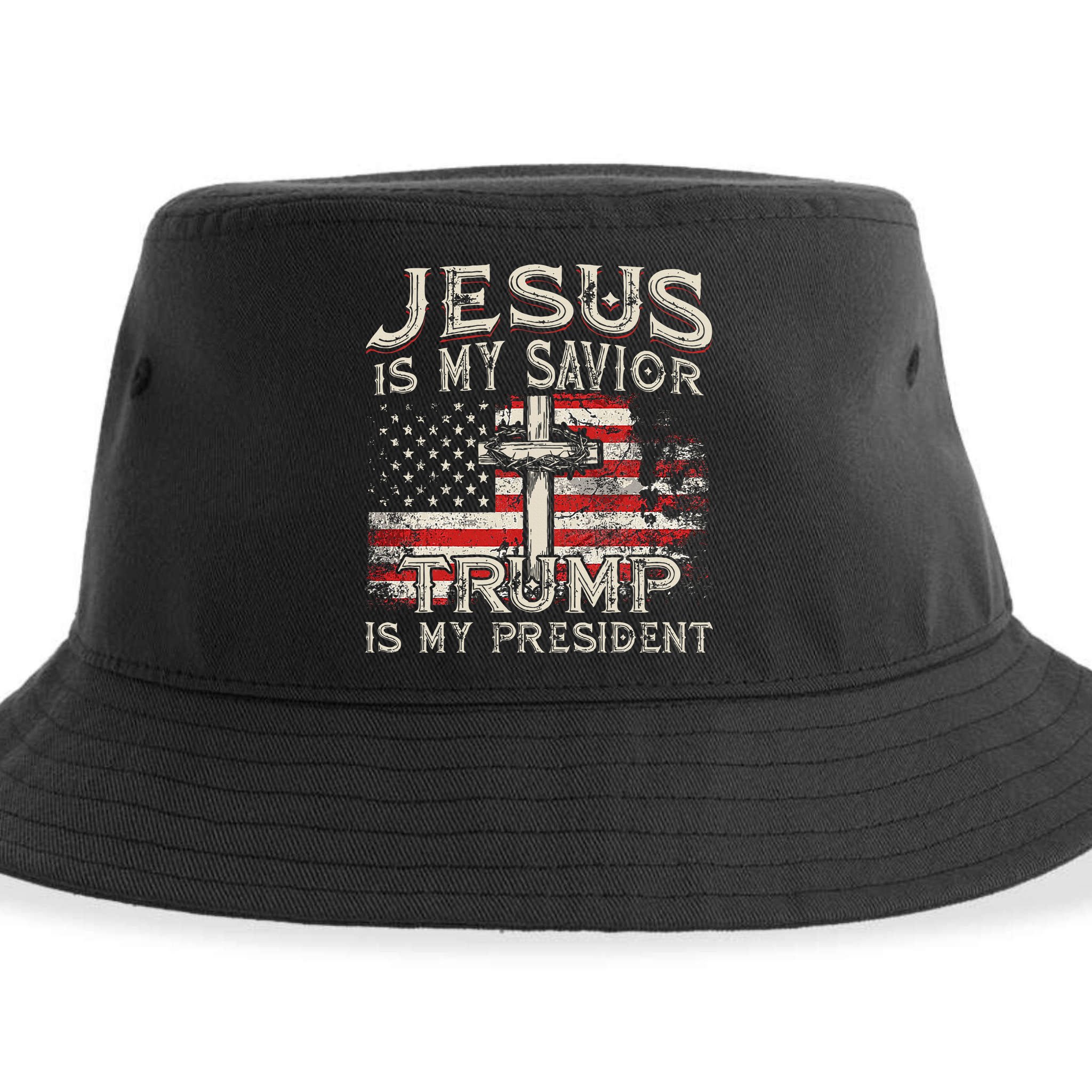Jesus Is My Savior Trump Is My President American Flag Sustainable Bucket Hat