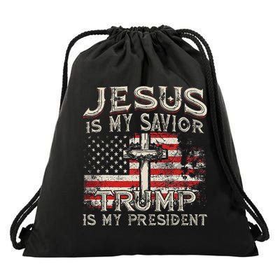 Jesus Is My Savior Trump Is My President American Flag Drawstring Bag