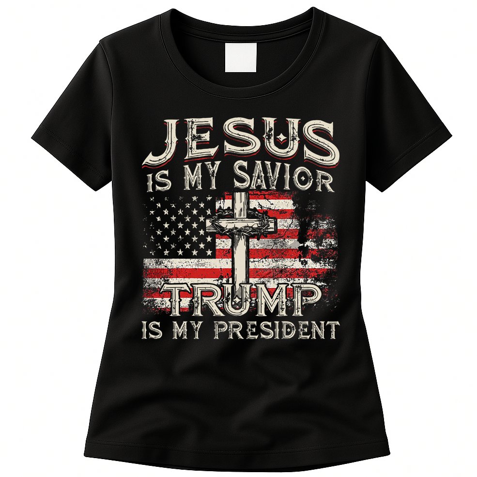 Jesus Is My Savior Trump Is My President American Flag Womens T-Shirt