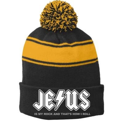 Jesus Is My Rock And That's How I Roll Funny Christian Stripe Pom Pom Beanie