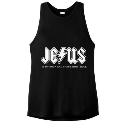 Jesus Is My Rock And That's How I Roll Funny Christian Ladies PosiCharge Tri-Blend Wicking Tank