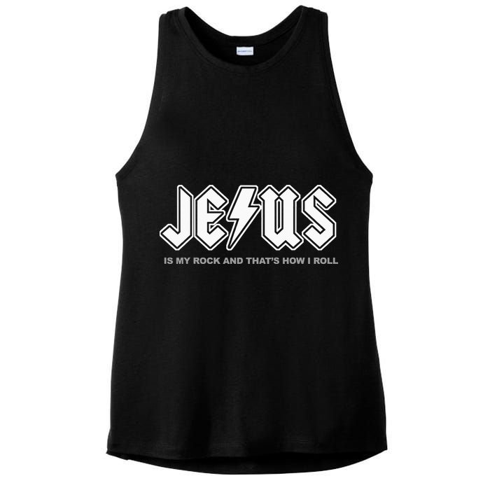 Jesus Is My Rock And That's How I Roll Funny Christian Ladies PosiCharge Tri-Blend Wicking Tank