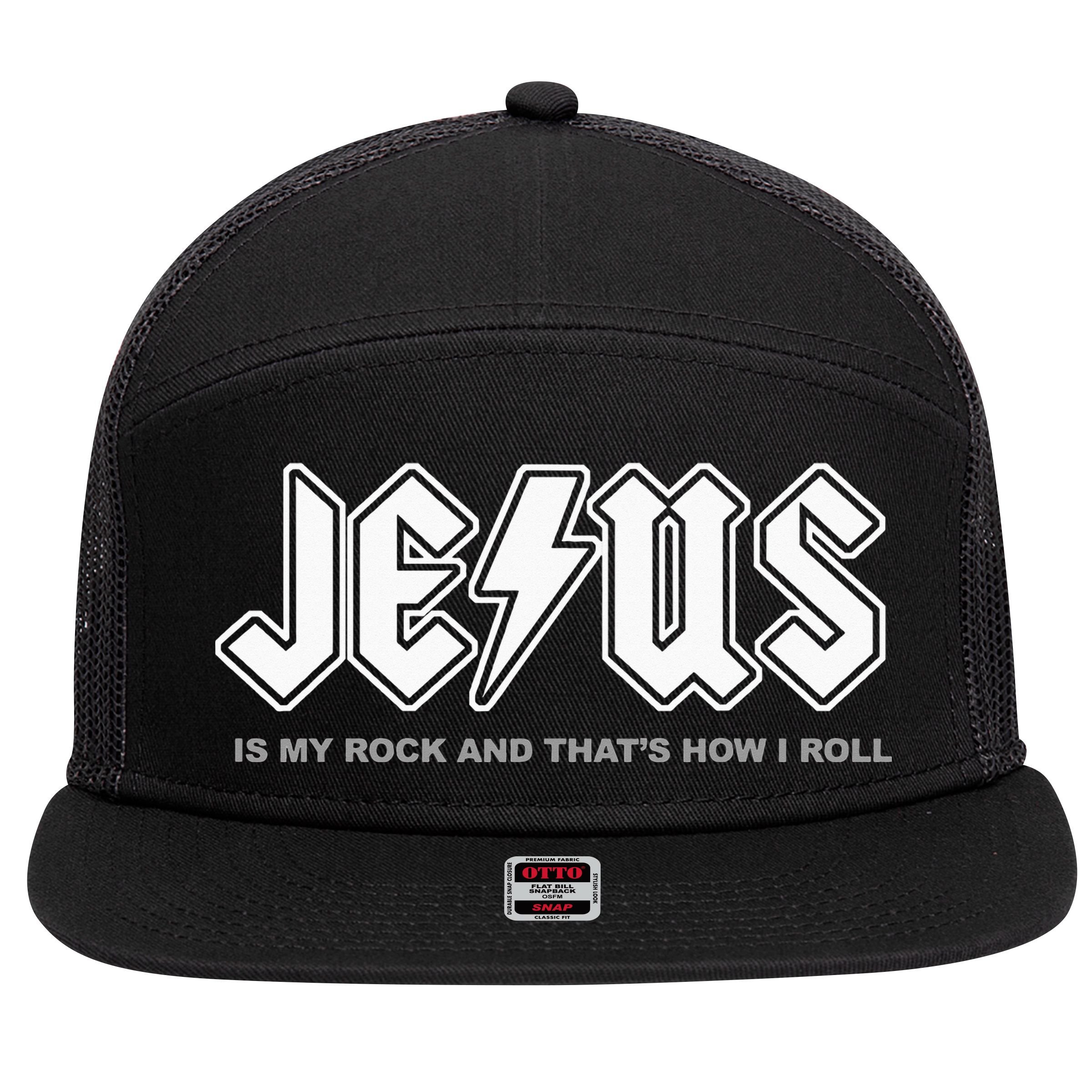 Jesus Is My Rock And That's How I Roll Funny Christian 7 Panel Mesh Trucker Snapback Hat