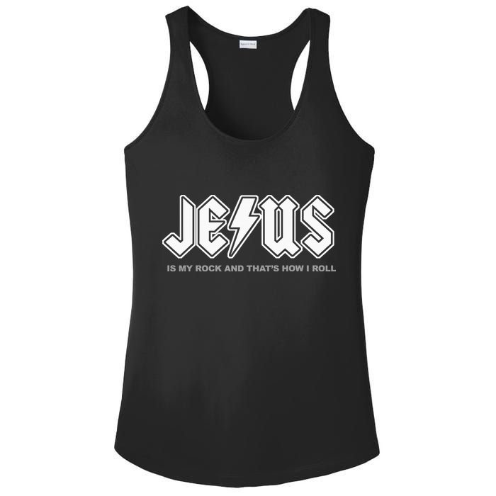 Jesus Is My Rock And That's How I Roll Funny Christian Ladies PosiCharge Competitor Racerback Tank