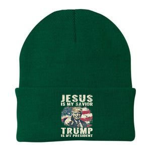 Jesus Is My Savior Trump Is My President 2024 American Flag Knit Cap Winter Beanie