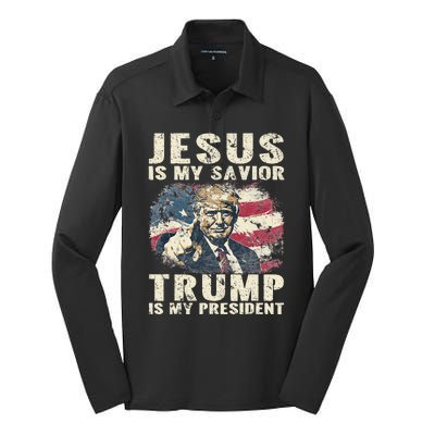 Jesus Is My Savior Trump Is My President 2024 American Flag Silk Touch Performance Long Sleeve Polo