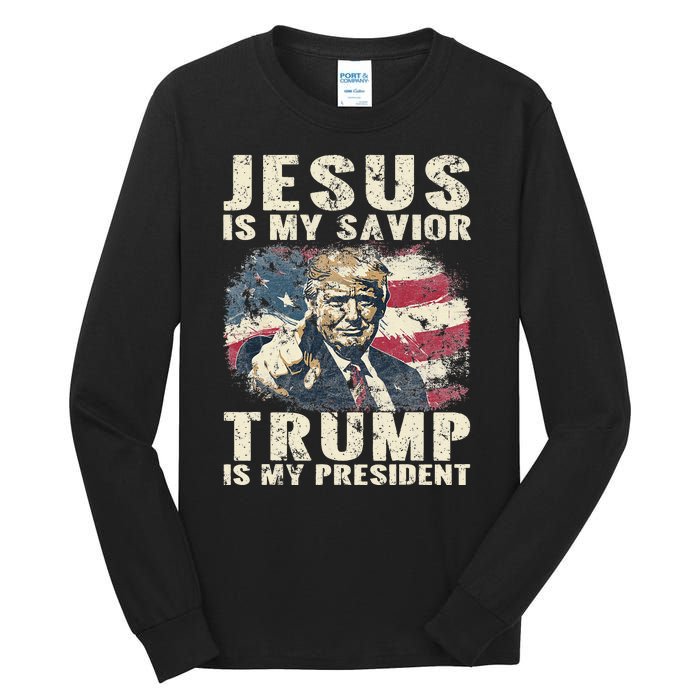 Jesus Is My Savior Trump Is My President 2024 American Flag Tall Long Sleeve T-Shirt