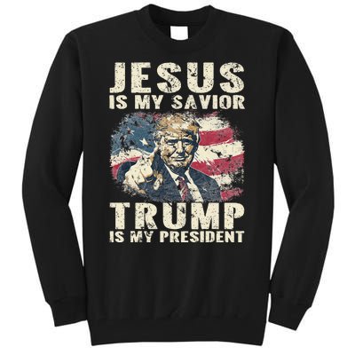 Jesus Is My Savior Trump Is My President 2024 American Flag Tall Sweatshirt