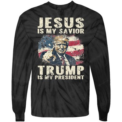 Jesus Is My Savior Trump Is My President 2024 American Flag Tie-Dye Long Sleeve Shirt