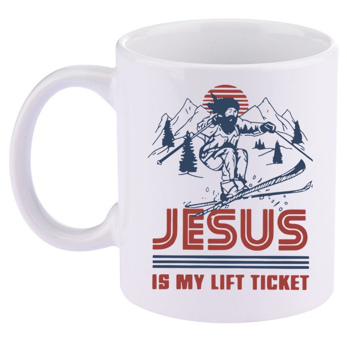 Jesus Is My Lift Ticket Retro Skiing Funny God 11oz C Handle Ceramic Mug