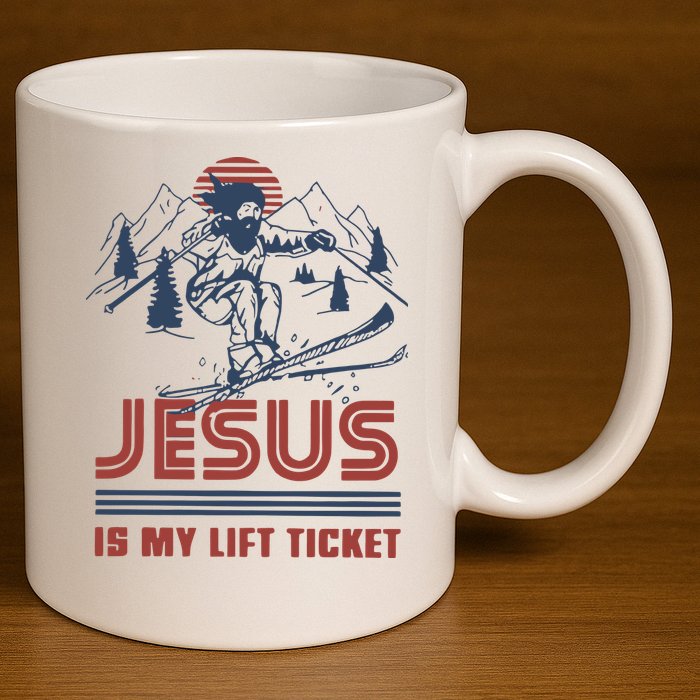 Jesus Is My Lift Ticket Retro Skiing Funny God 11oz C Handle Ceramic Mug