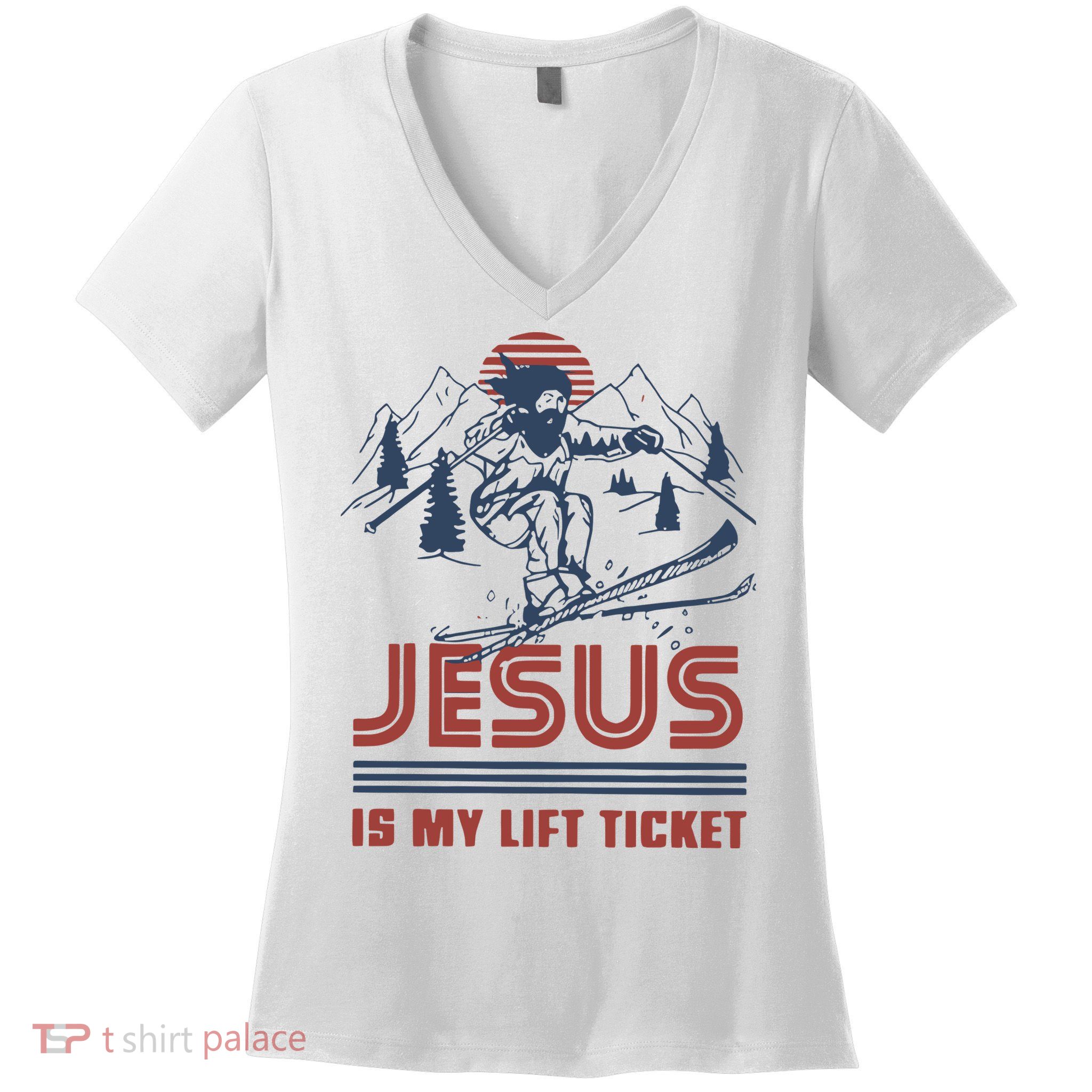 Jesus Is My Lift Ticket Retro Skiing Funny God Women's V-Neck T-Shirt