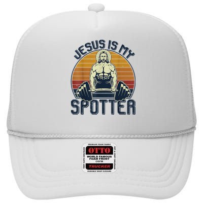 Jesus Is My Spotter Retro Vintage Jesus Gift High Crown Mesh Back Trucker Hat