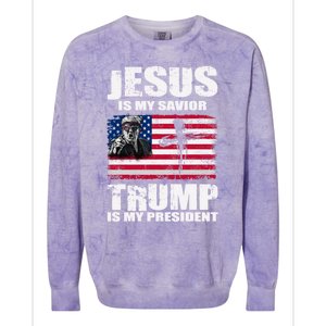 Jesus Is My Savior Trump Is My President Trump 2024 Usa Flag Great Gift Colorblast Crewneck Sweatshirt