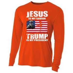 Jesus Is My Savior Trump Is My President Trump 2024 Usa Flag Great Gift Cooling Performance Long Sleeve Crew