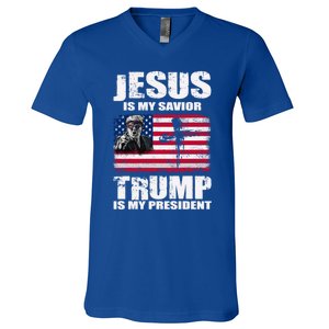 Jesus Is My Savior Trump Is My President Trump 2024 Usa Flag Great Gift V-Neck T-Shirt