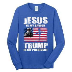 Jesus Is My Savior Trump Is My President Trump 2024 Usa Flag Great Gift Tall Long Sleeve T-Shirt