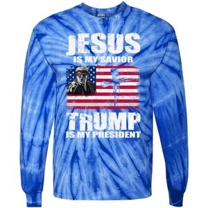 Jesus Is My Savior Trump Is My President Trump 2024 Usa Flag Great Gift Tie-Dye Long Sleeve Shirt