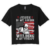Jesus Is My Savior Welding Christian Weld American Flag Women's Crop Top Tee
