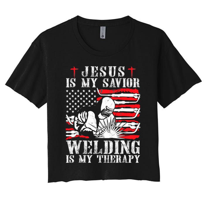 Jesus Is My Savior Welding Christian Weld American Flag Women's Crop Top Tee
