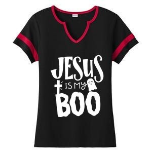 Jesus Is My Boo Funny Christian Halloween Quote Humor Gift Ladies Halftime Notch Neck Tee